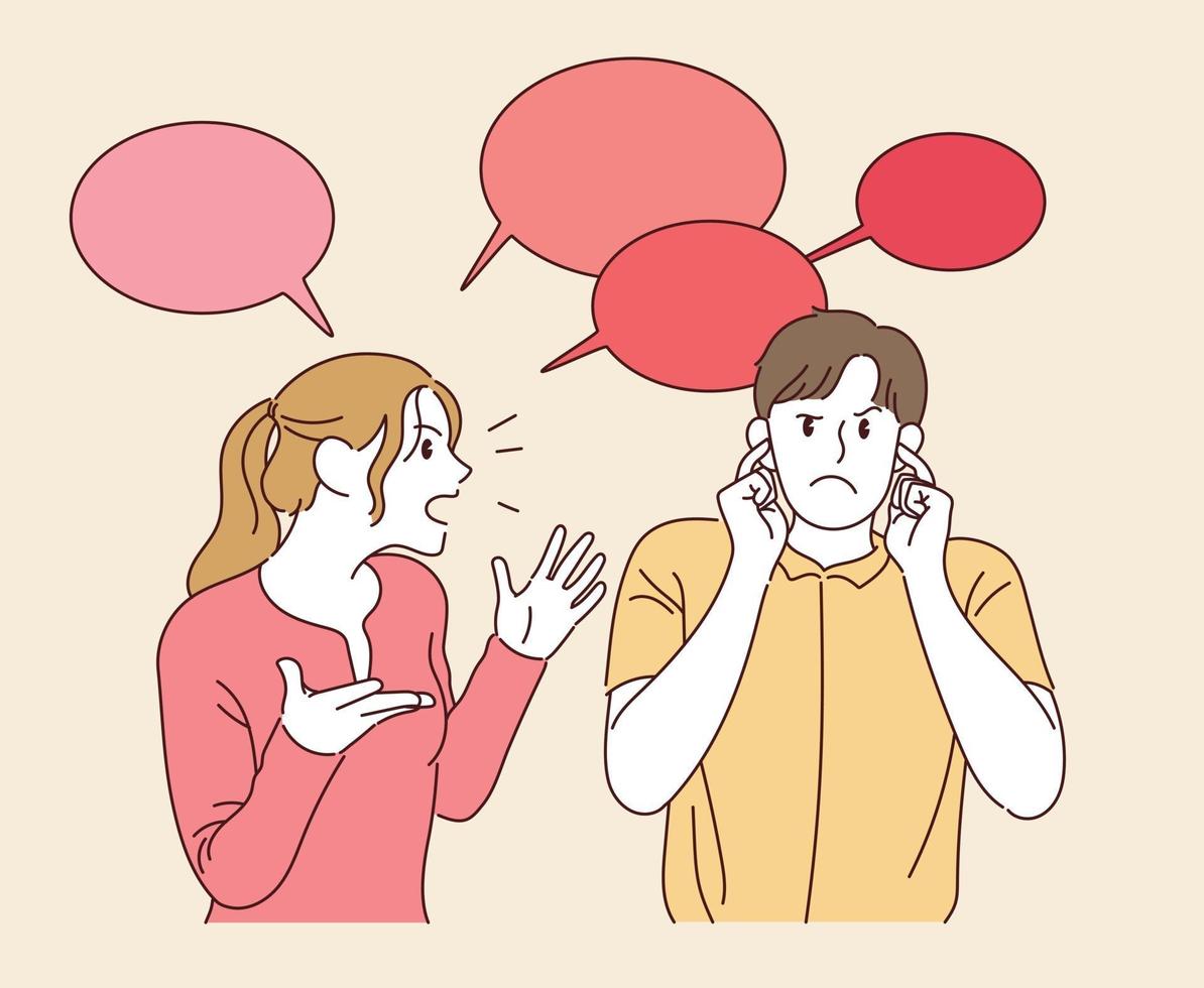 A woman is talking, and the man is covering her ears. hand drawn style vector design illustrations.