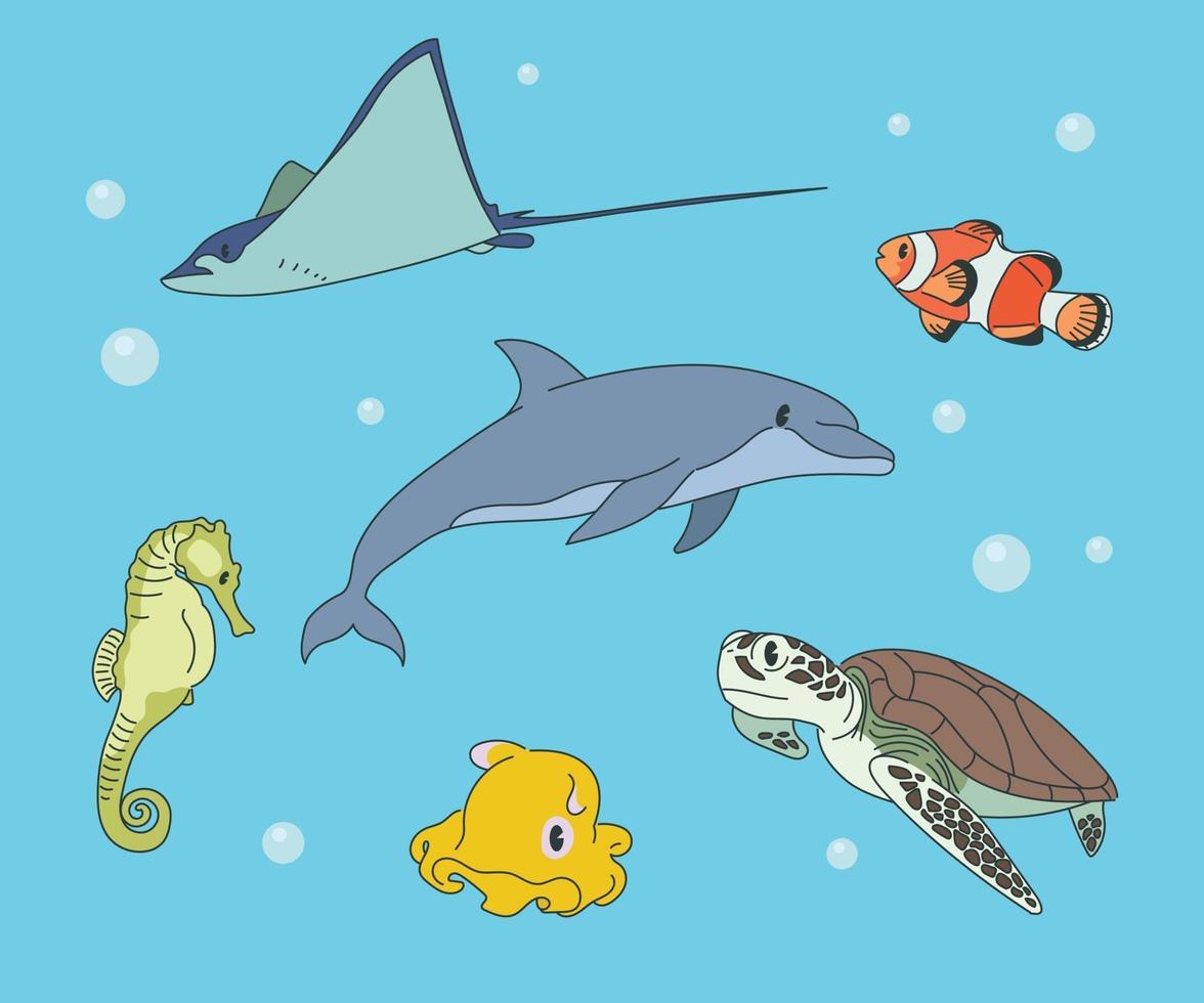 Various animals in the sea. hand drawn style vector design illustrations.