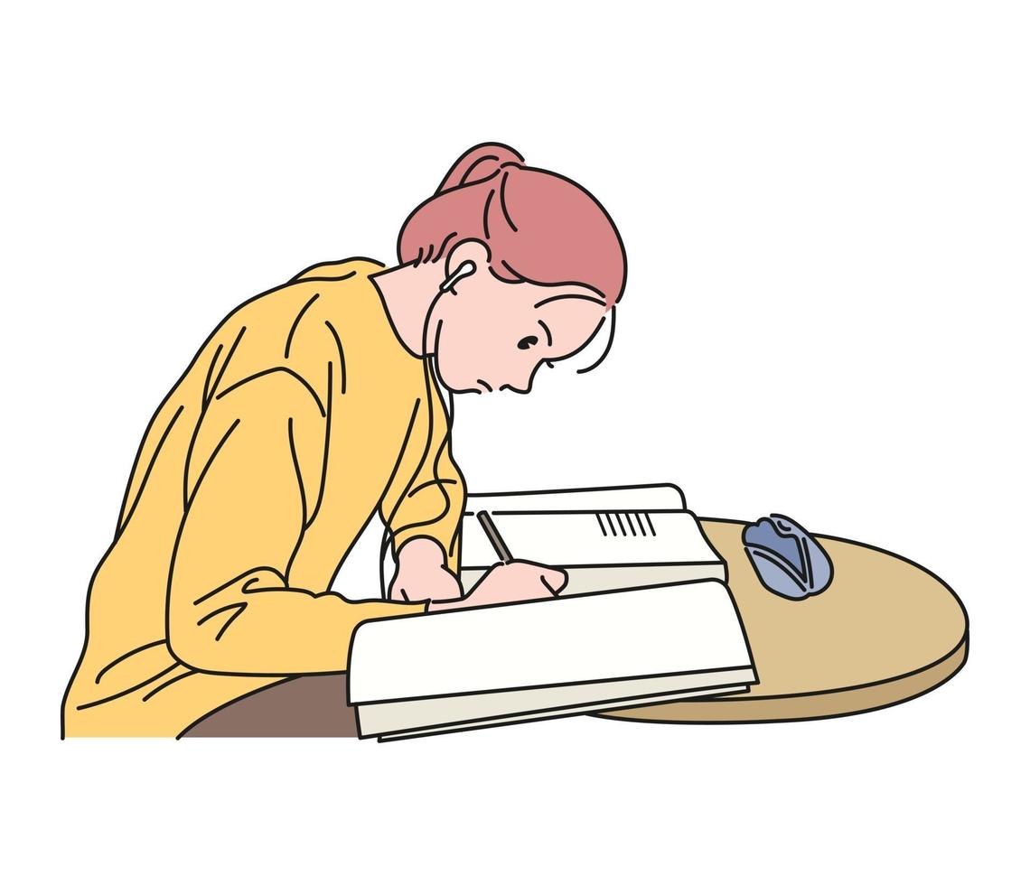 A girl is studying with a book open. hand drawn style vector design illustrations.