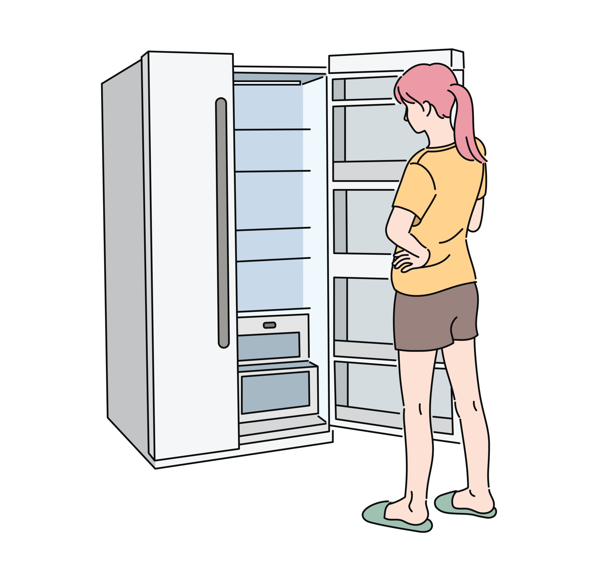 The back of a woman opening an empty refrigerator. hand drawn style