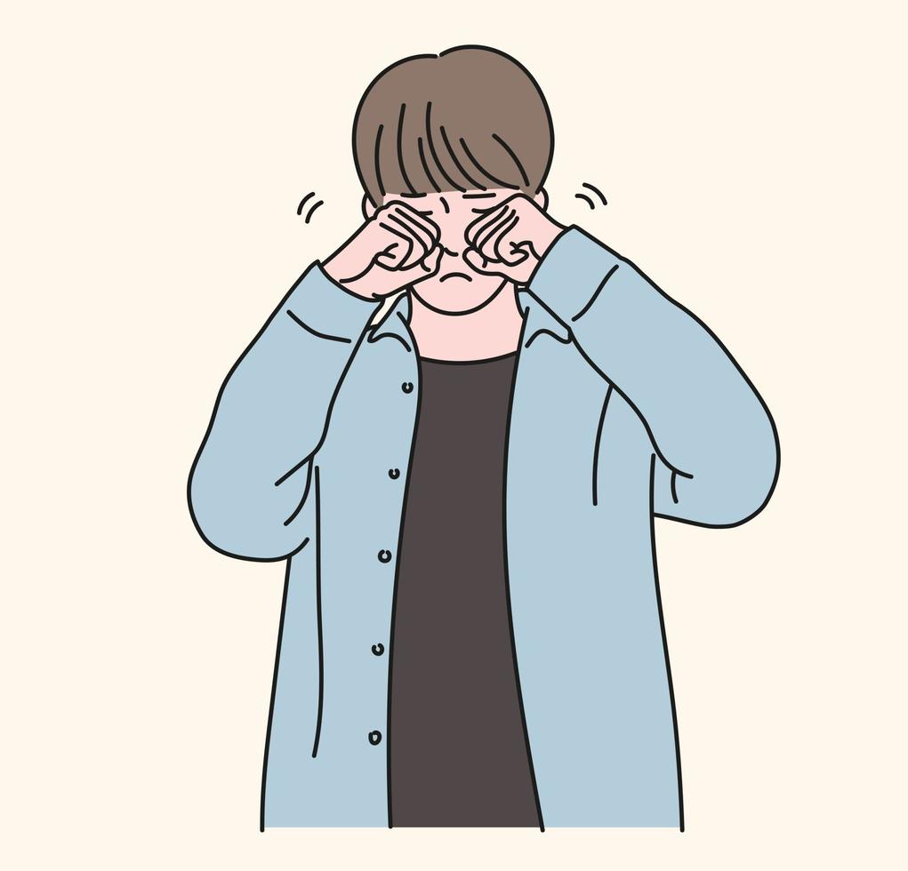 A boy is rubbing his eyes with both hands. hand drawn style vector design illustrations.