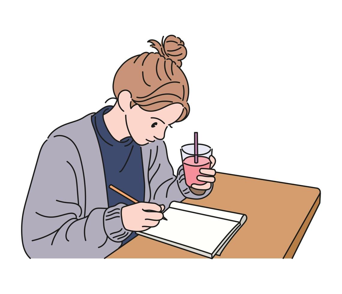 A girl is holding a drink in one hand and taking notes with one hand. hand drawn style vector design illustrations.