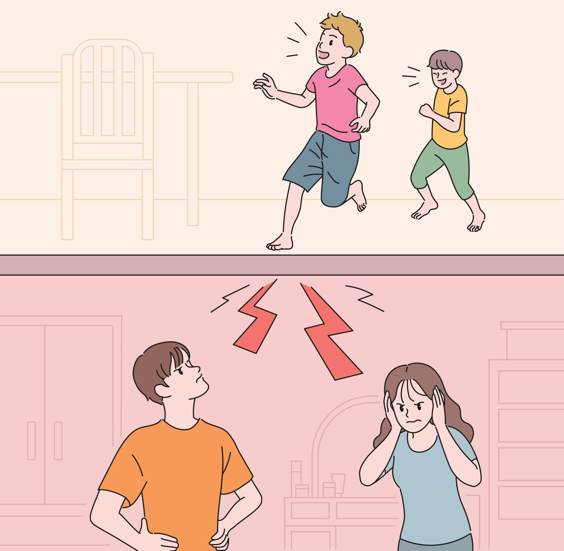 Apartment residents suffering from floor noise. hand drawn style vector