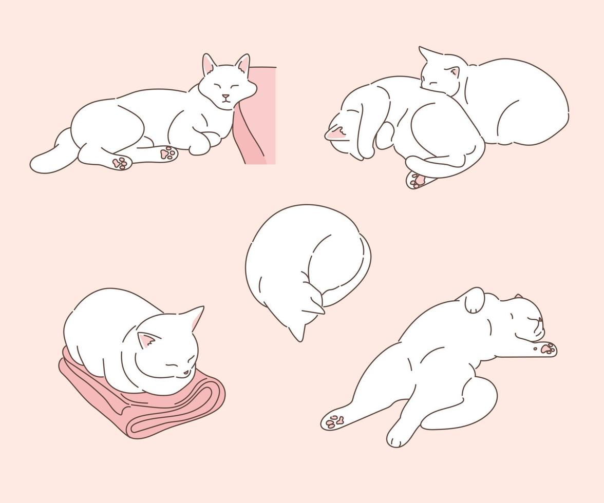 varias poses divertidas de un gato blanco. ilustraciones de diseño de vectores de estilo dibujado a mano.