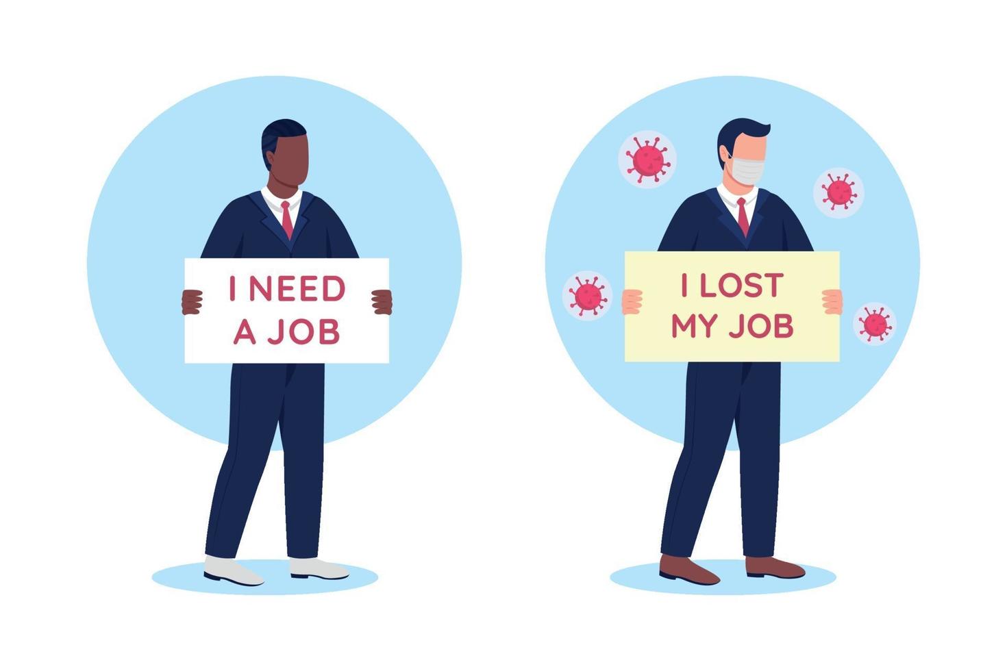 Jobless people with cardboard signs flat concept vector illustration set