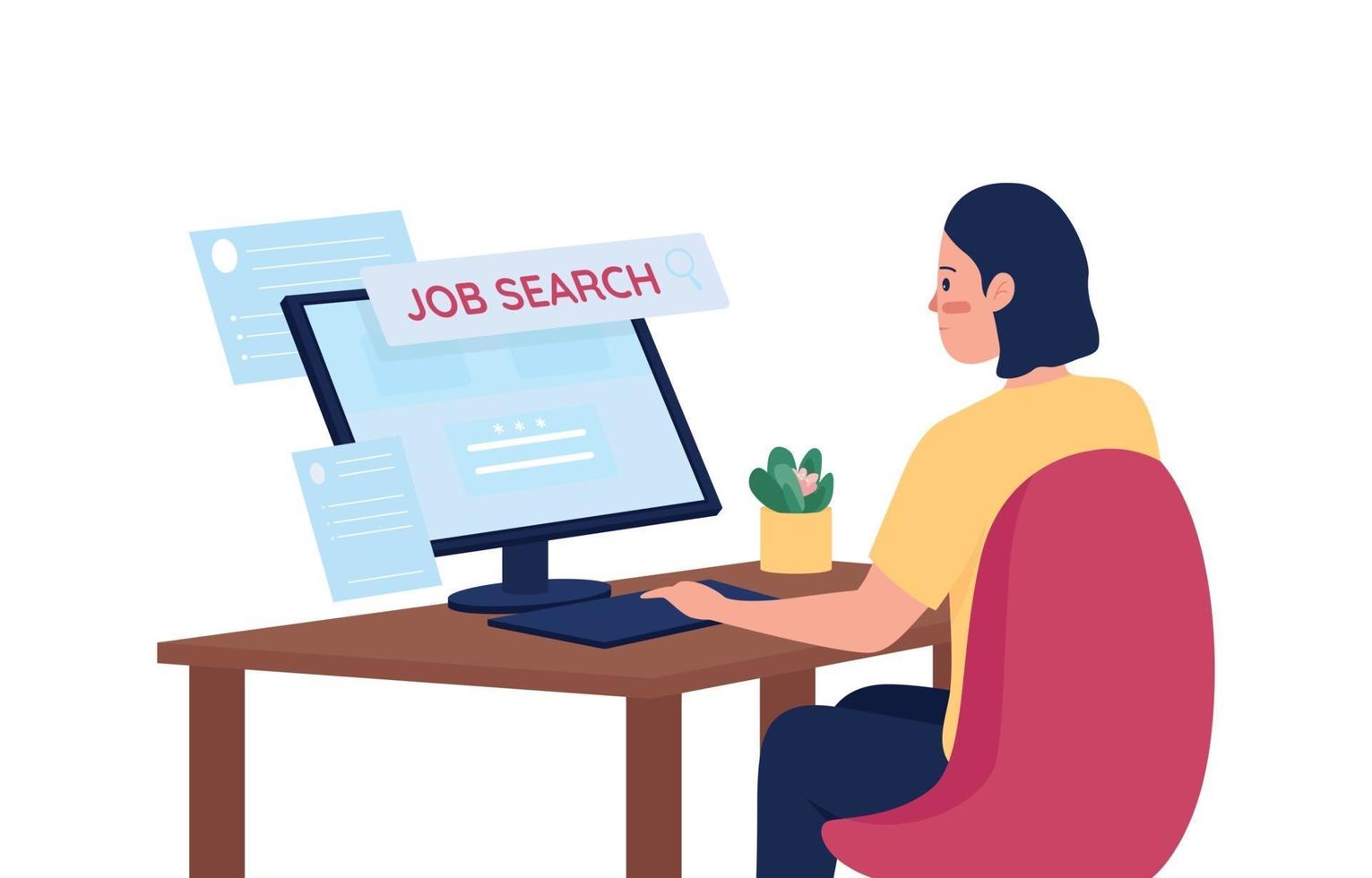 Woman searching for job online flat color vector detailed character