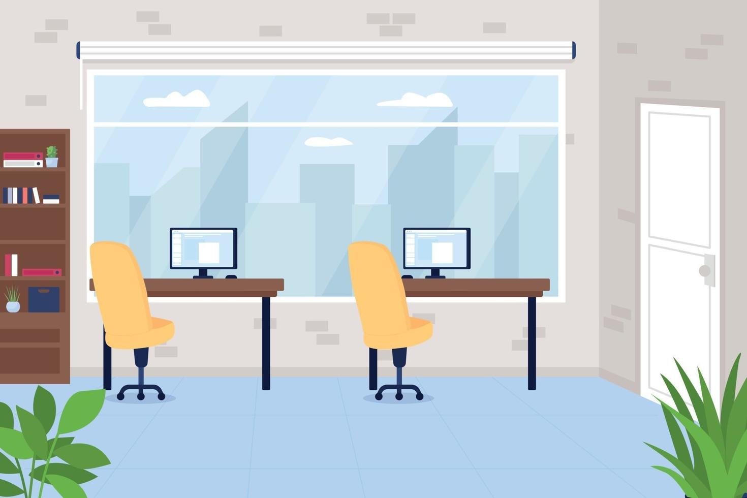 Office workspace with desks flat color vector illustration