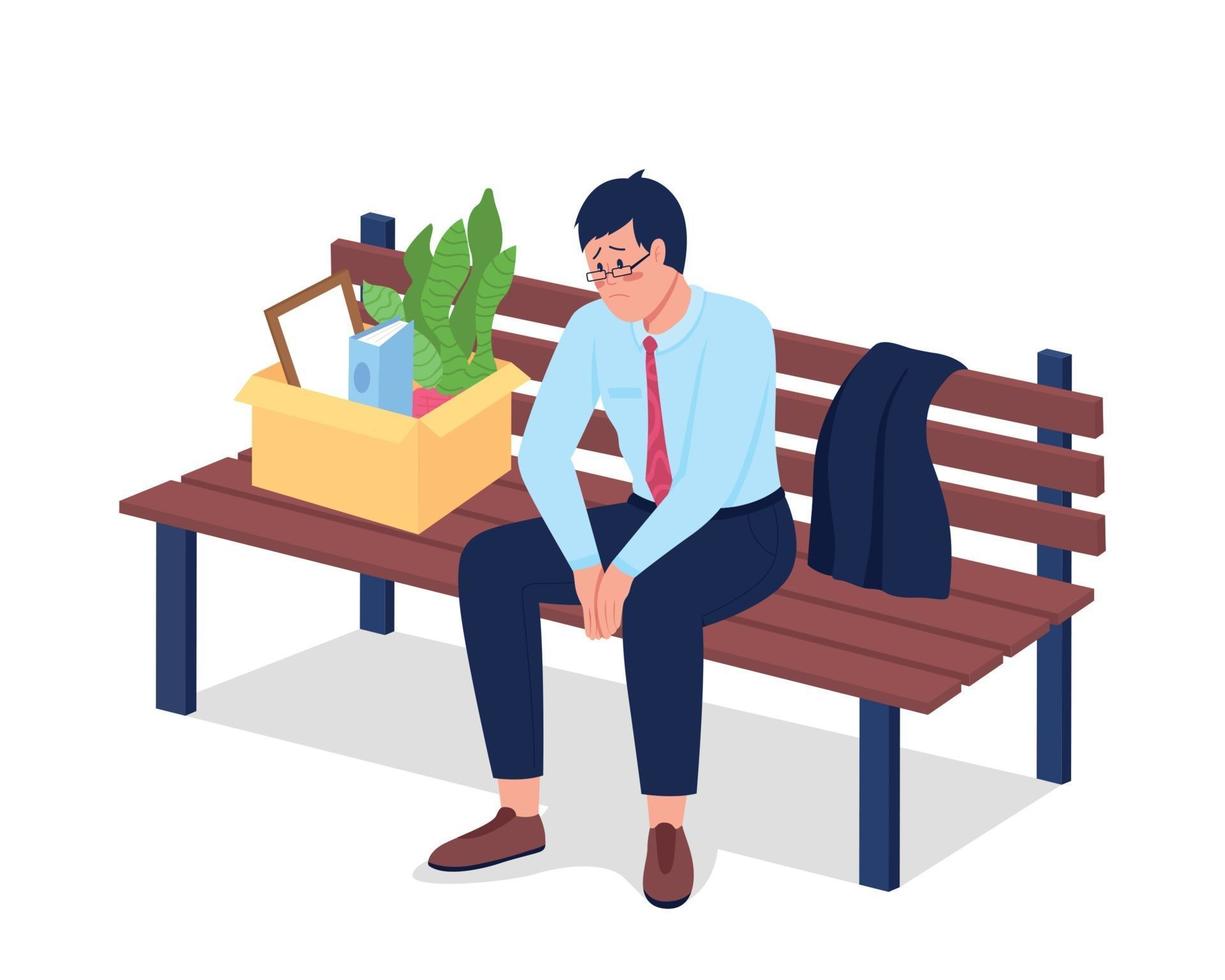 Sad fired employee sitting on bench flat color vector detailed character