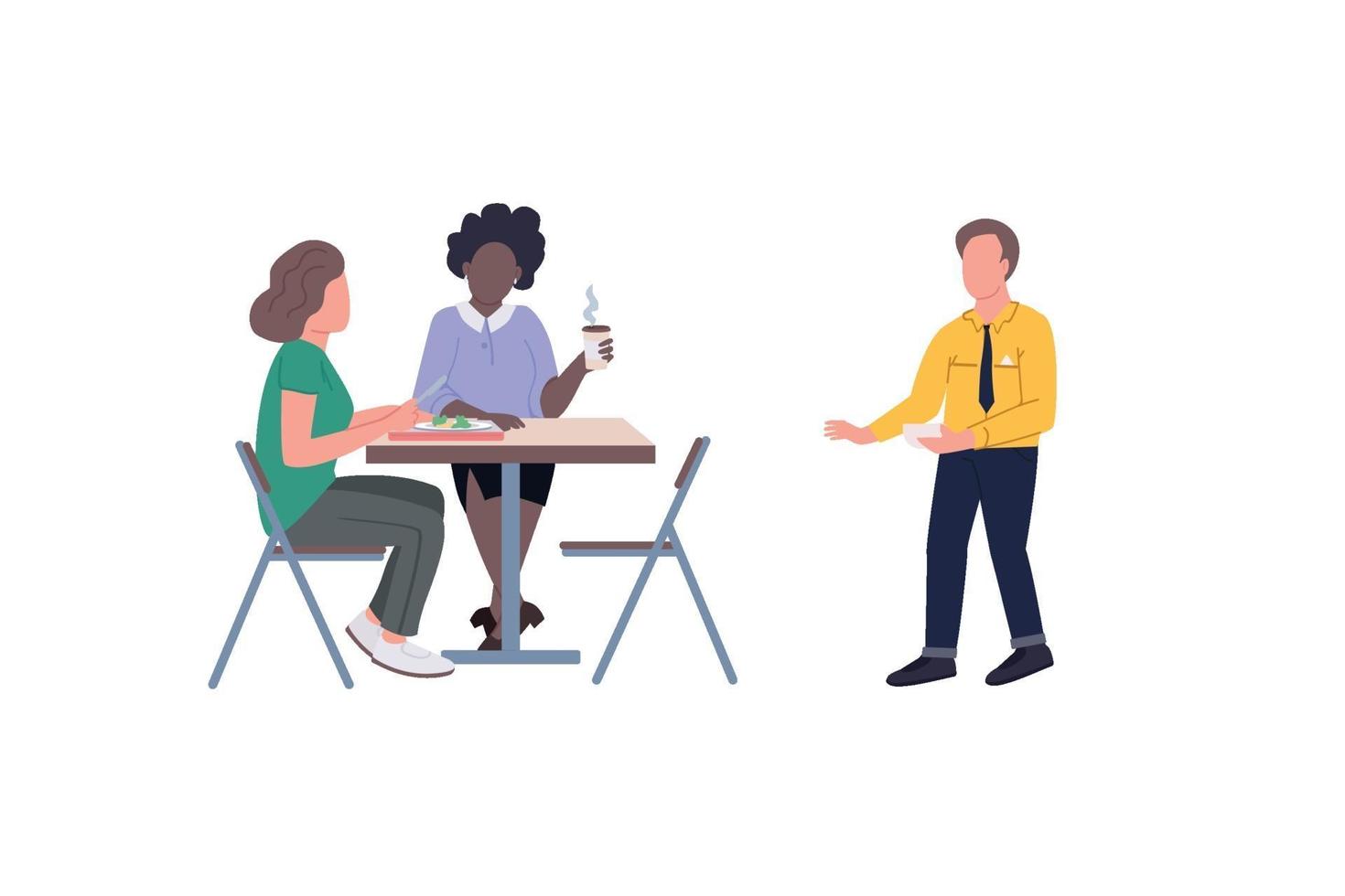 Employees on lunch break flat color vector faceless character set