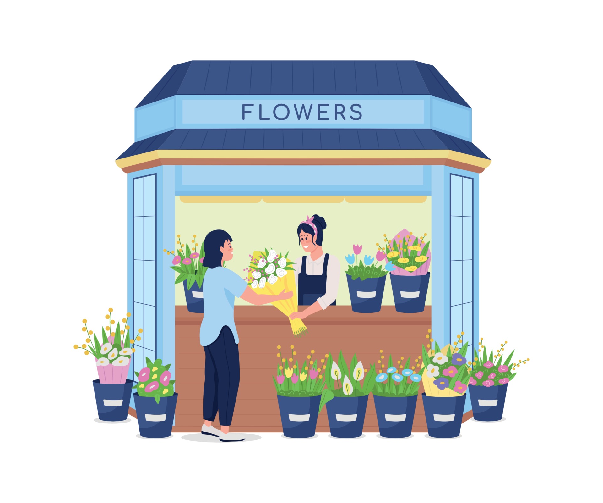 Florist selling flowers to customer flat color vector detailed