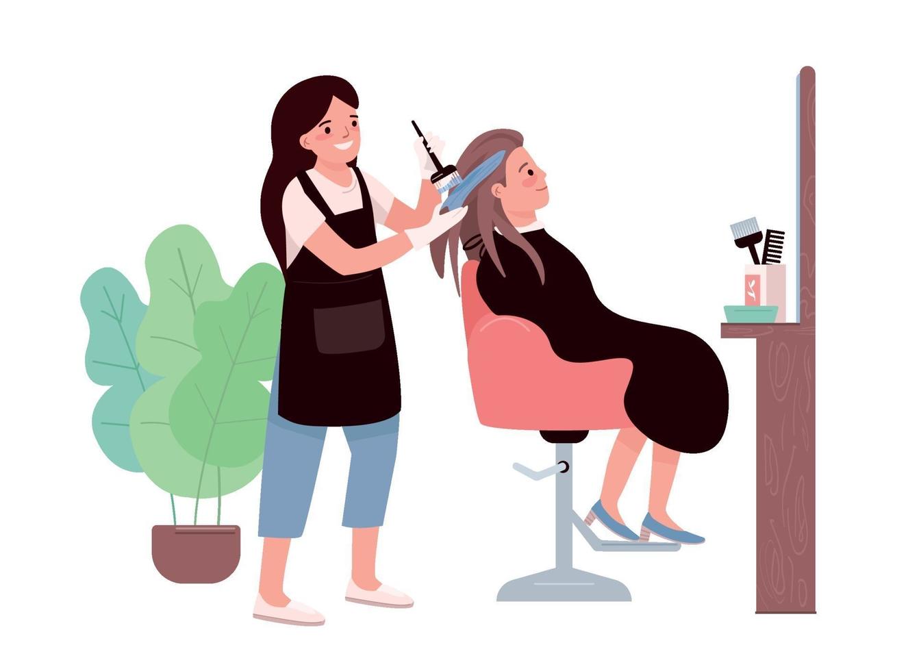 Hair coloring flat color vector characters. Female hairdresser. Hair dyeing procedure. Hairstylist studio. Stylist client. Woman getting hairdo. Beauty salon isolated cartoon illustration