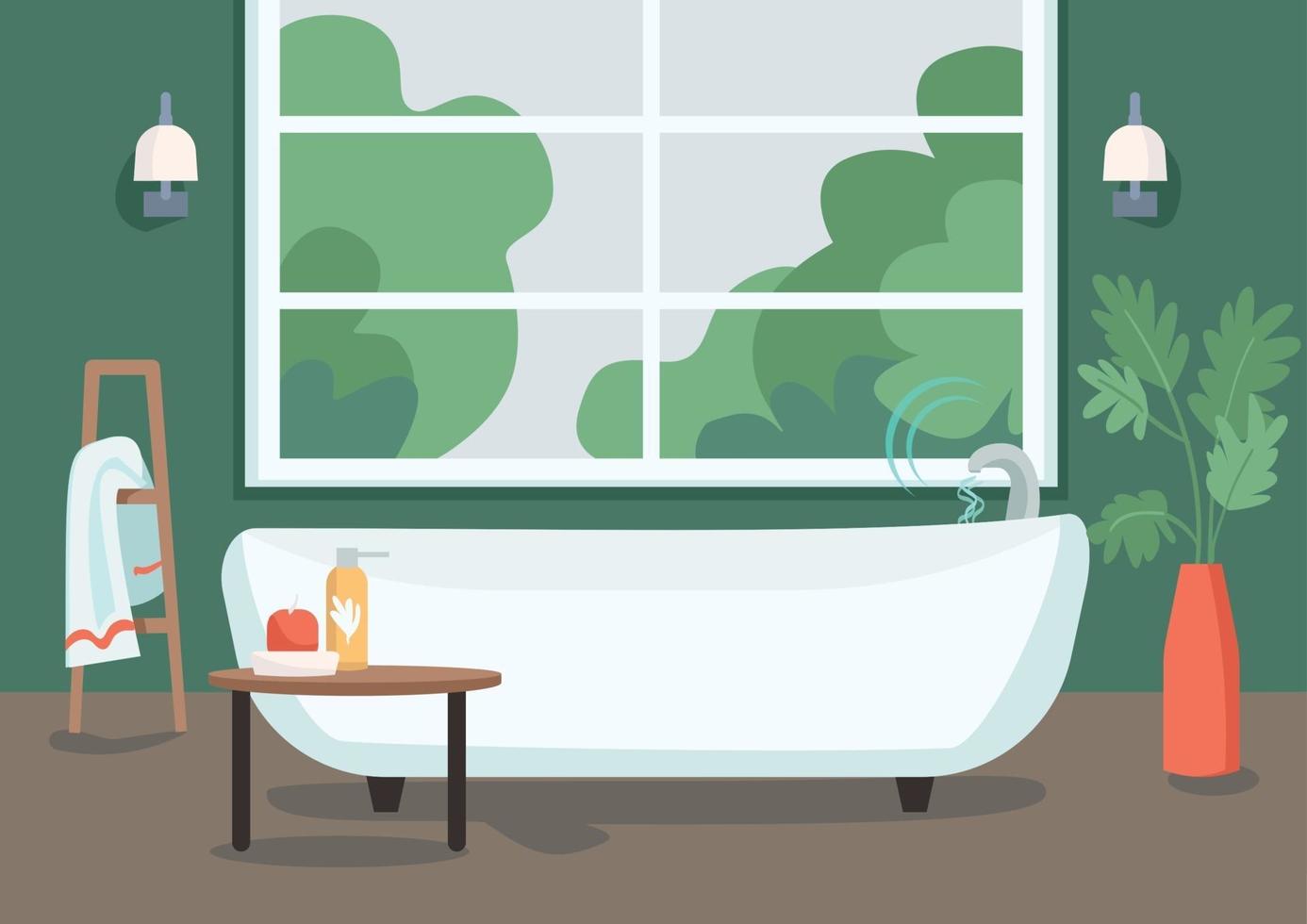 Smart bathtub flat color vector illustration. Internet of things technology in everyday life. Water flow remote control. Modern apartment 2D cartoon interior with bathroom on background
