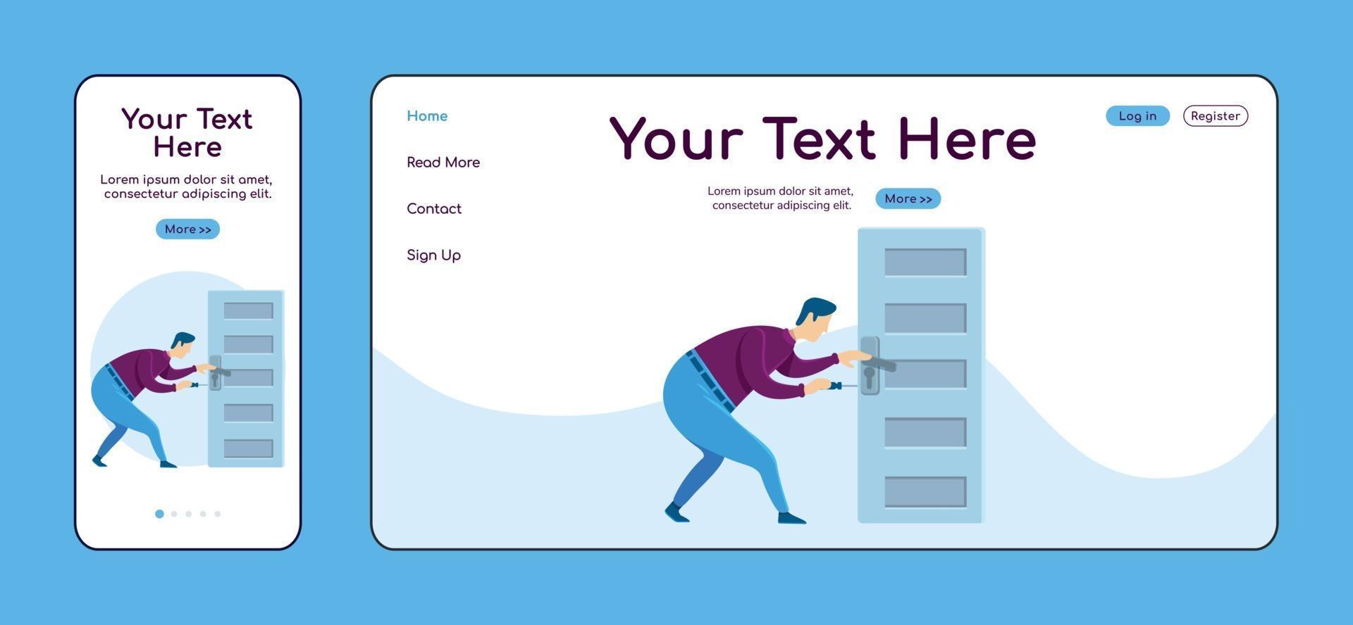 fijación de la perilla de la puerta plantilla de vector de color plano de página de destino adaptable Handyworker Service Mobile y diseño de la página de inicio de PC. reparador de una página web ui. reparaciones del hogar página web diseño multiplataforma