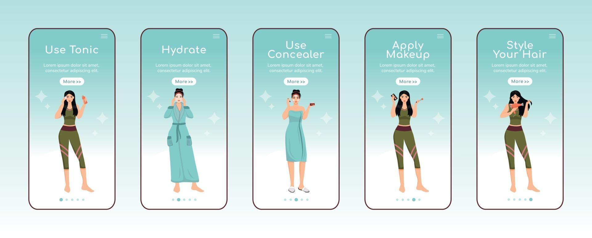 Skincare nourishing steps onboarding mobile app screen flat vector template. Toner using. Walkthrough website steps with characters. UX, UI, GUI smartphone cartoon interface, case prints set