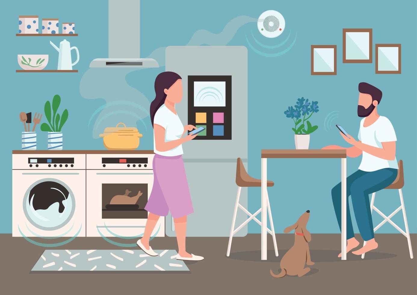 pareja en la ilustración de vector de color plano de cocina inteligente. personas que utilizan electrodomésticos automatizados. Hombre y mujer joven con smartphones personajes de dibujos animados en 2d con comedor en el fondo