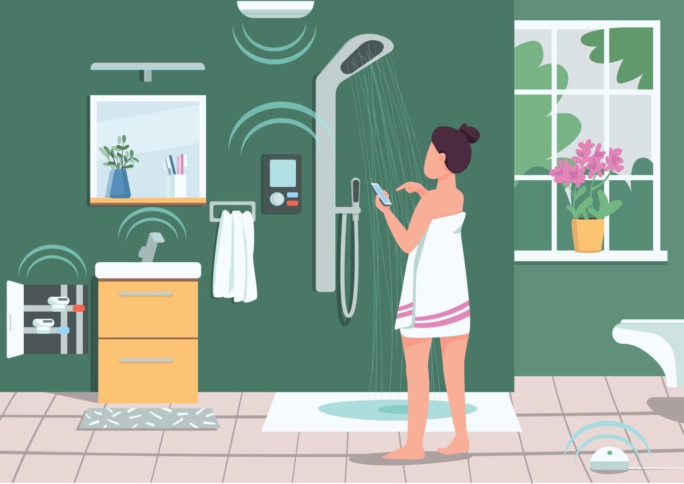 Smart bathroom appliances flat color vector illustration. Girl controlling shower with smartphone. IOT in domestic life. Woman using mobile phone 2D cartoon character with bathroom on background