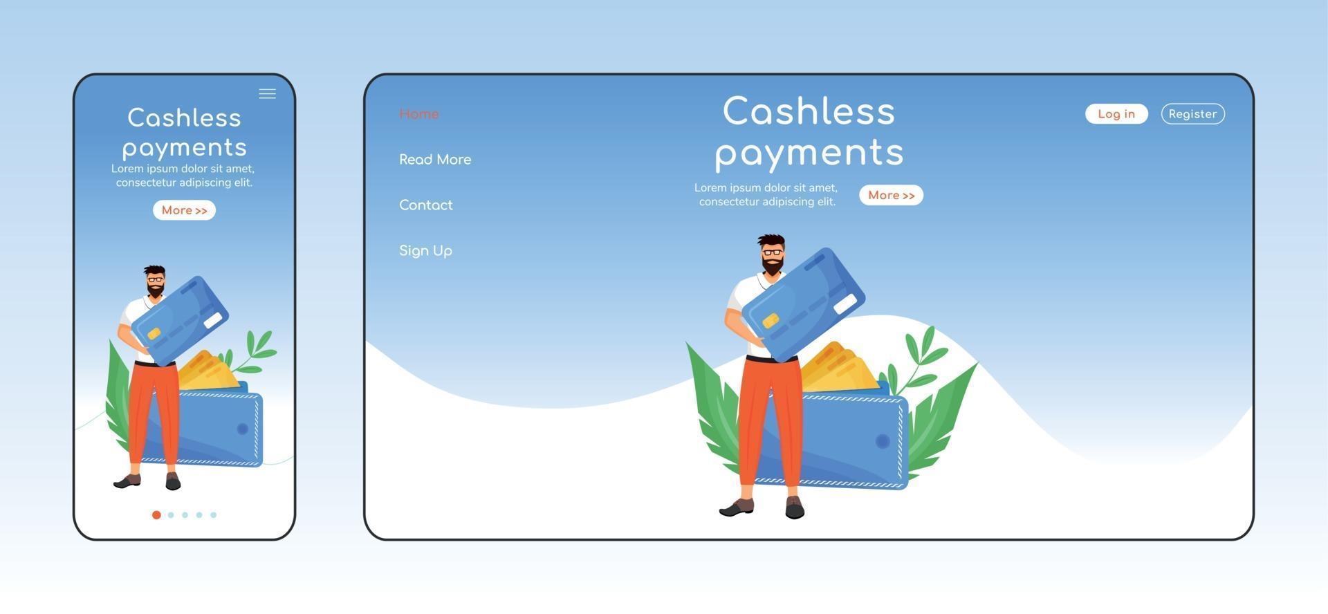 Cashless payments adaptive landing page flat color vector template. Banking service mobile and PC homepage layout. Fintech one page website UI. Credit card transactions webpage cross platform design