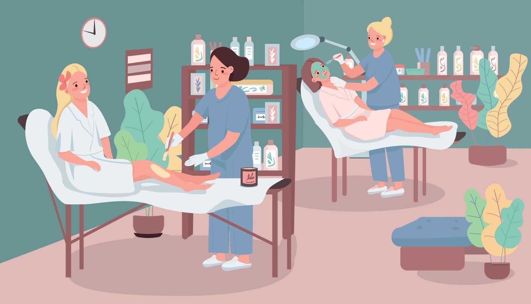 Beauty salon flat color vector illustration. Woman putting wax on client's leg. Female getting facial mask. Beautician 2D cartoon characters with spa center furniture on background