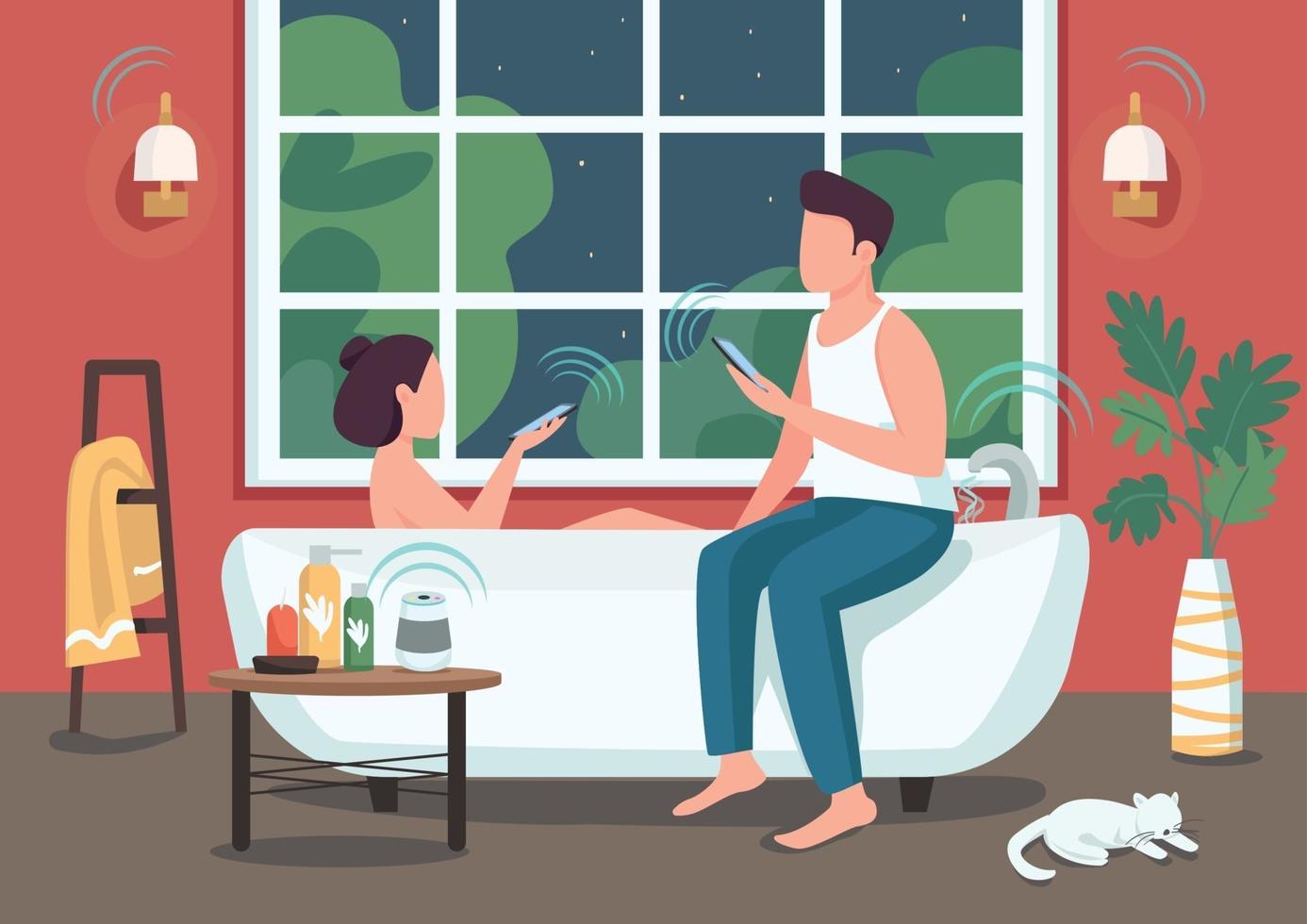 Couple in smart bathroom flat color vector illustration. People remotely controlling appliances with smartphones. Young man and woman 2D cartoon characters with automated bath room on background