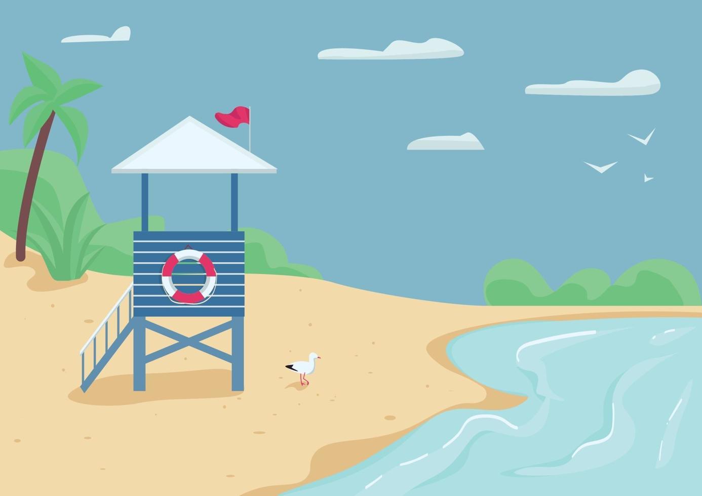 Lifeguard tower on sand beach flat color vector illustration. Rescuer building, swimming safety. Life guard stand on seashore 2D cartoon landscape with water and blue sky on background