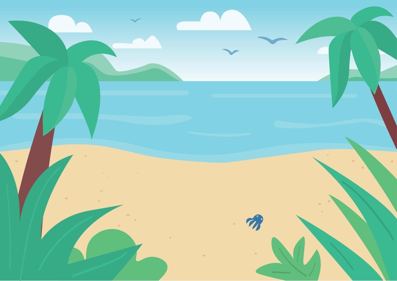 Tropical sand beach and sea flat color vector illustration. Seascape with palm trees and flying birds. Exotic peaceful nature. Seashore 2D cartoon landscape with shining sun on background