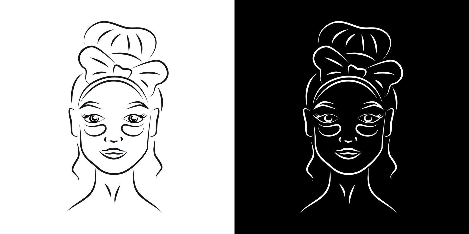 Woman with under eye patches contour portrait vector illustration. Girl face with skincare product realistic line art. Lady eyes dark circles treatment outline character on black and white backgrounds