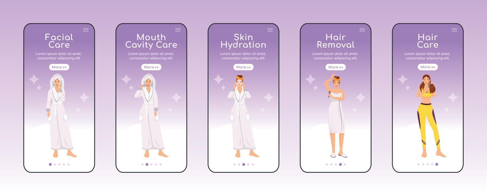 Hygiene routine onboarding mobile app screen flat vector template. Body hair removal, facial care. Walkthrough website steps with characters. UX, UI, GUI smartphone cartoon interface, case prints set