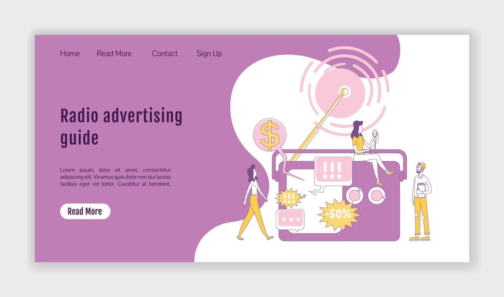 Radio advertising guide landing page flat silhouette vector template. Marketing technology homepage layout. Broadcasting one page website interface with cartoon outline character. Web banner, webpage