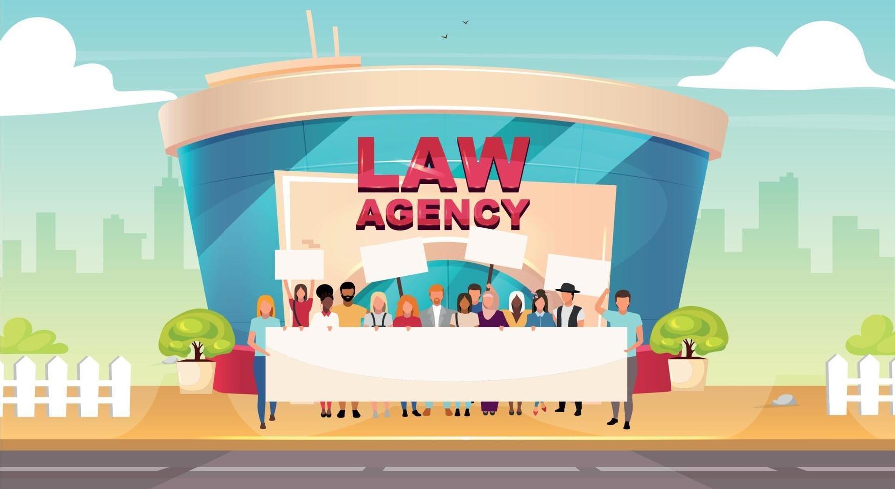 Legal strike flat color vector illustration. Public defence labor right. Group outside law agency. Urban glass building exterior. Modern 2D cartoon cityscape with activists on background