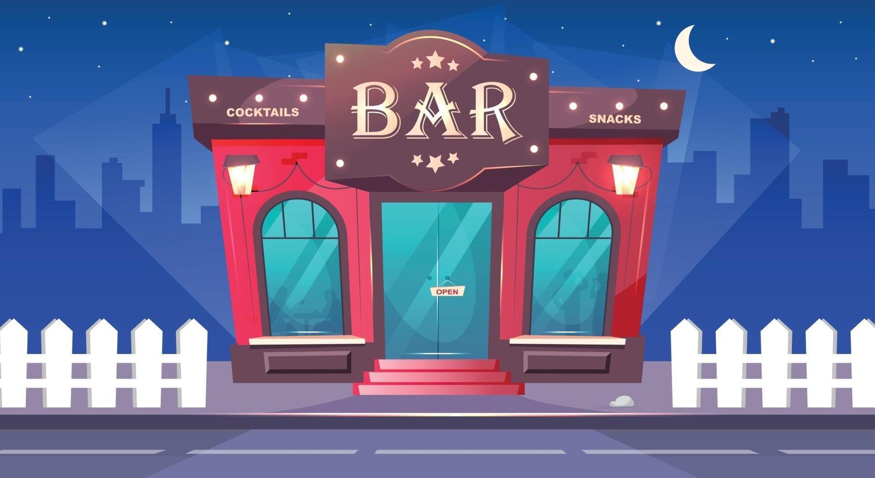 Bar at nighttime flat color vector illustration. Local cafe with sidewalk at night. Luxury pub exterior. Place for drinks. Red brick building. Urban 2D cartoon cityscape with nobody on background