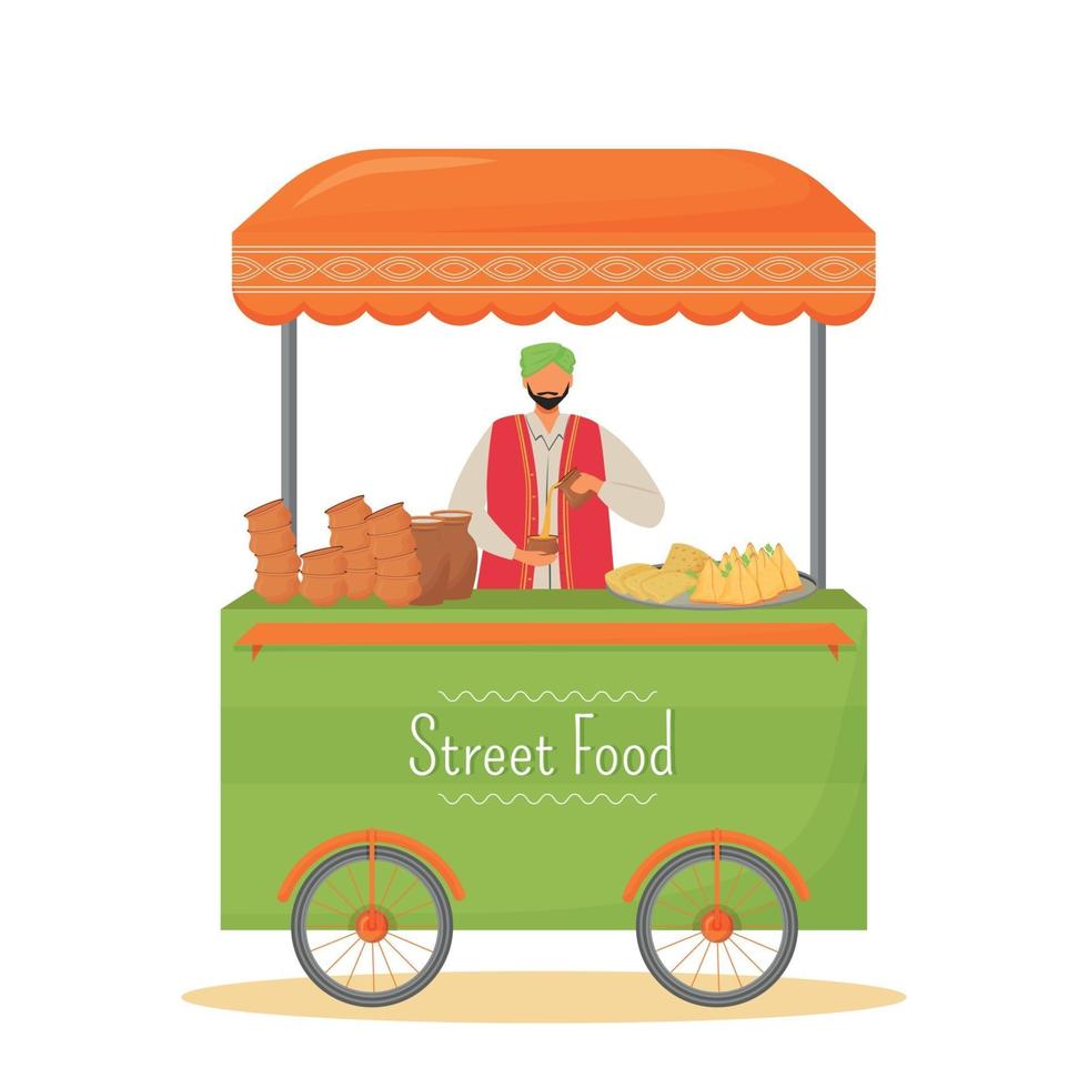 Street food seller flat color vector faceless character. Indian traditional cuisine mobile kiosk, fast food service isolated cartoon illustration for web graphic design and animation