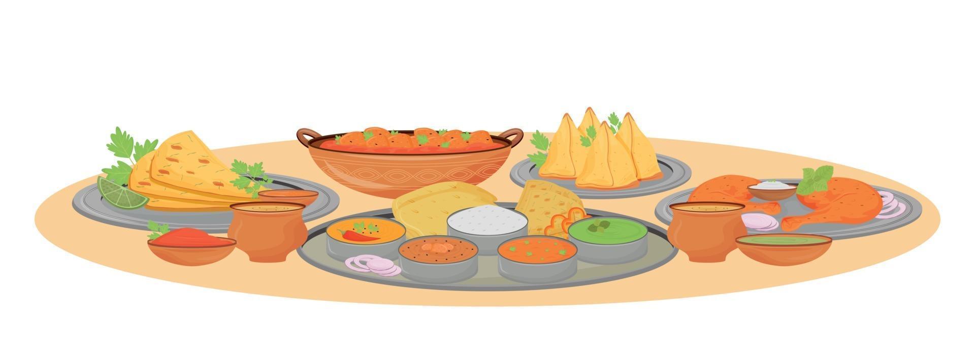 platos indios que sirven ilustración vectorial de dibujos animados. comidas de cocina tradicional y salsas picantes en objeto de color plano thali. Comida de restaurante indio, superficie de la mesa servida aislado sobre fondo blanco. vector