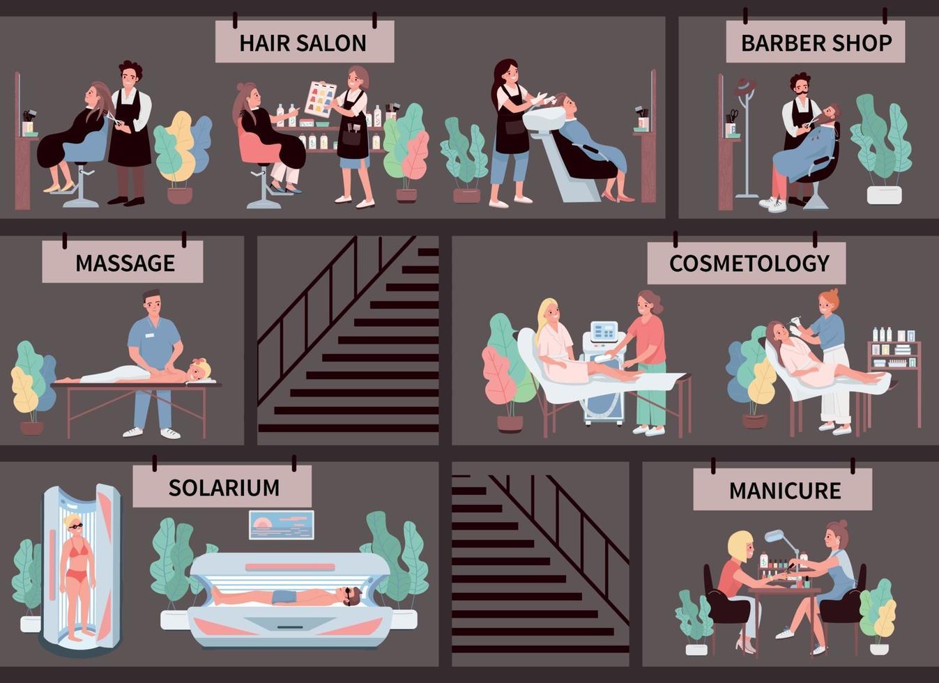 Beauty salon flat color vector characters set. Hair treatment. Barber shop. Manicure, massage. Solarium tanning. Cosmetology center procedure isolated cartoon illustrations on grey background