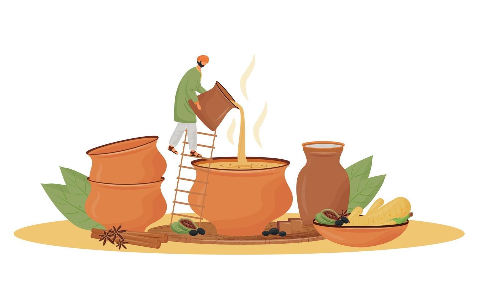 Indian cuisine, teashop service flat concept vector illustration. Man pouring Masala Chai 2D cartoon character for web design. Traditional beverage, aromatic mixture serving creative idea