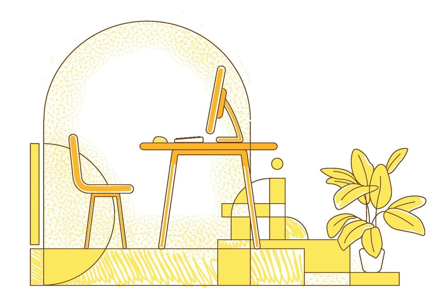 Freelancer workplace flat silhouette vector illustration. Remote workspace, home office contour composition on yellow background. Empty room with desktop computer simple style drawing