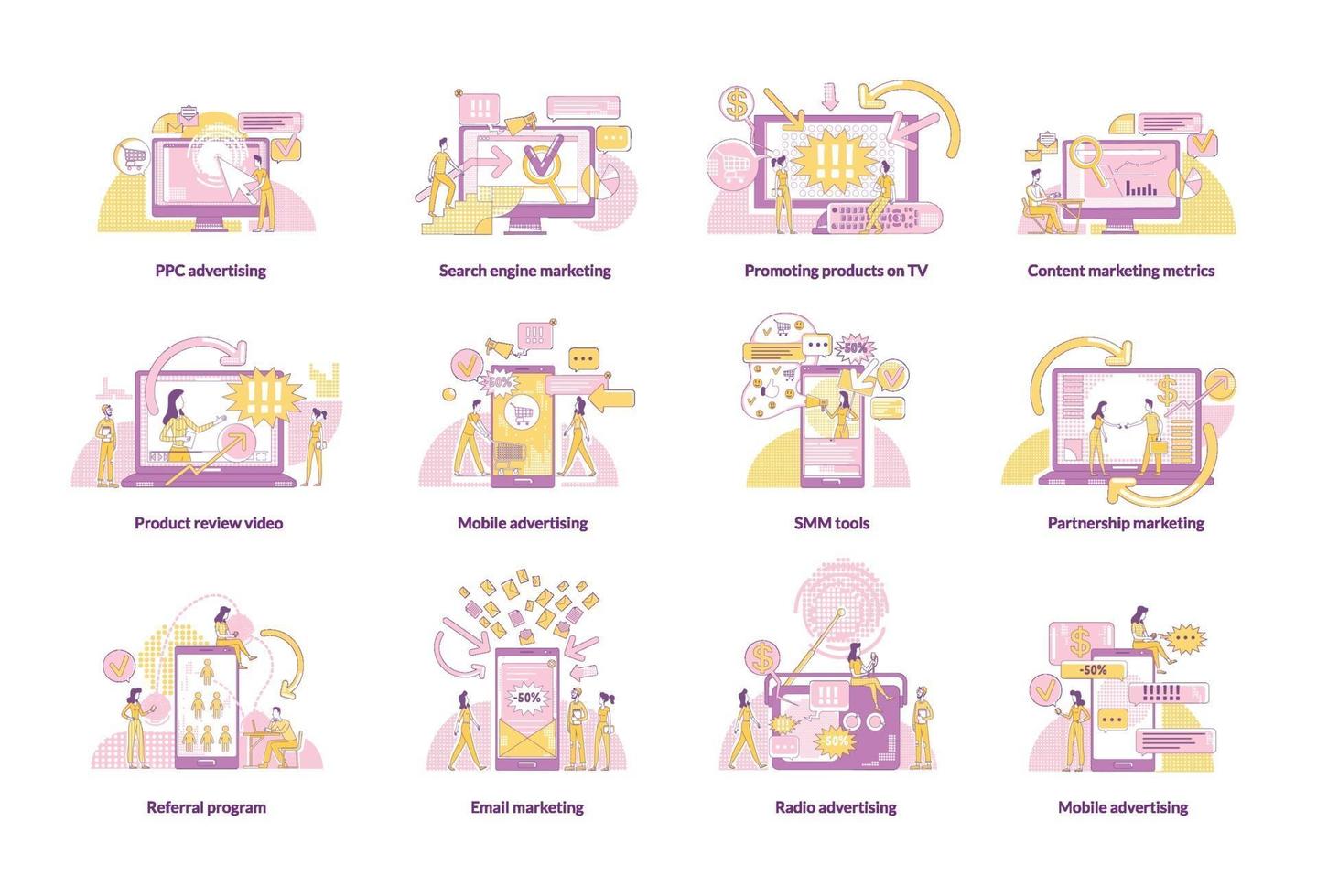 Digital marketing thin line concept vector illustrations set. Marketers and customers 2D cartoon characters for web design. Promotion strategies, advertising technologies creative ideas