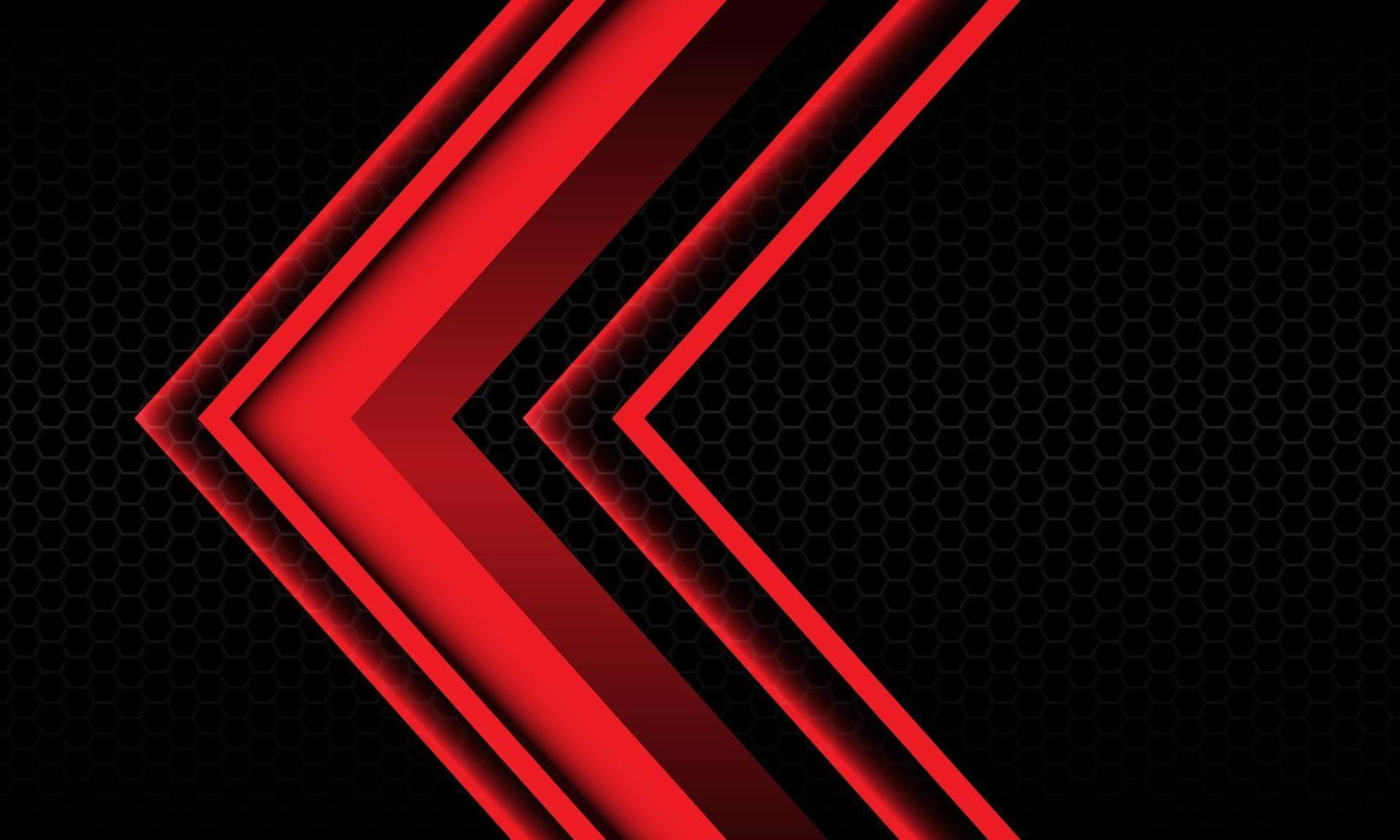 Abstract red arrow shadow metallic direction geometric on black hexagon mesh pattern design modern futuristic background vector illustration.