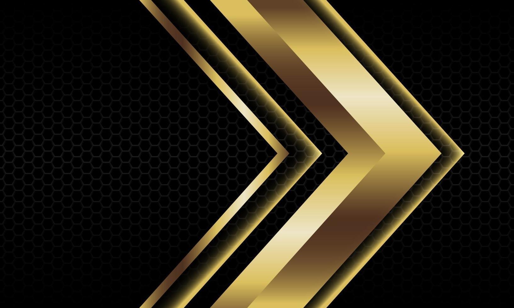 Abstract gold arrow shadow metallic direction geometric on black hexagon mesh pattern design modern luxury futuristic background vector illustration.