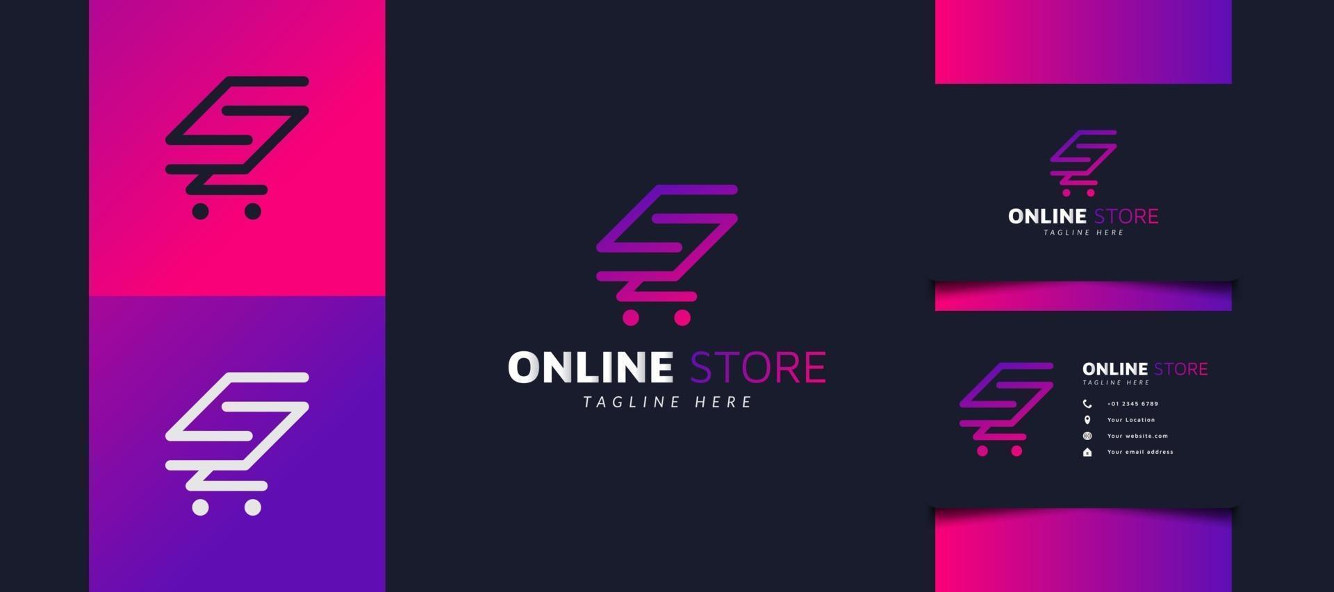 Diseño de logotipo de tienda en línea con carrito de compras como s inicial en degradado colorido, utilizable para logotipos comerciales o de tiendas vector