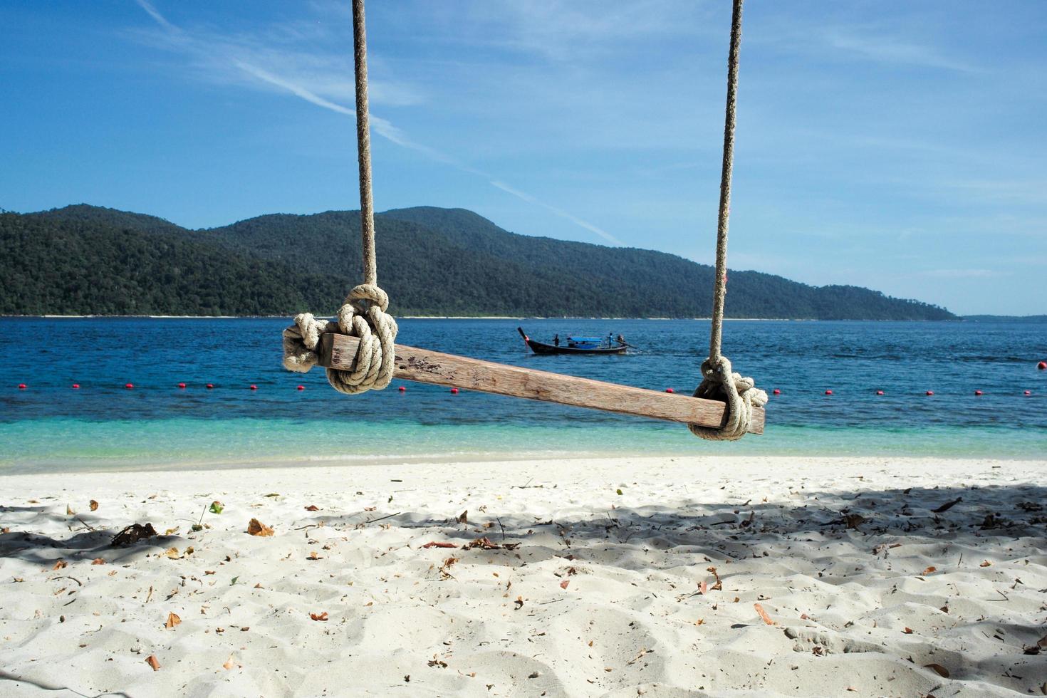 Selective focus on old wooden swing hanging from the tree with defocused sea background photo