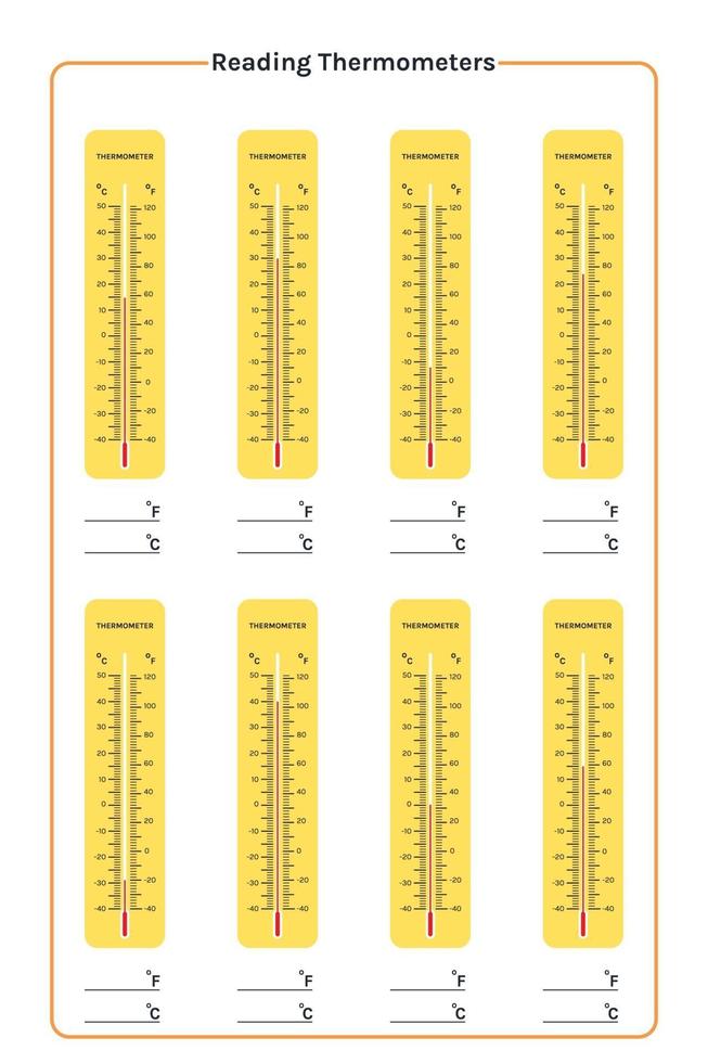 lectura educativa imprimible de termómetros. uso del termómetro para medir la temperatura del aire, el cuerpo y otros fines de medición vector