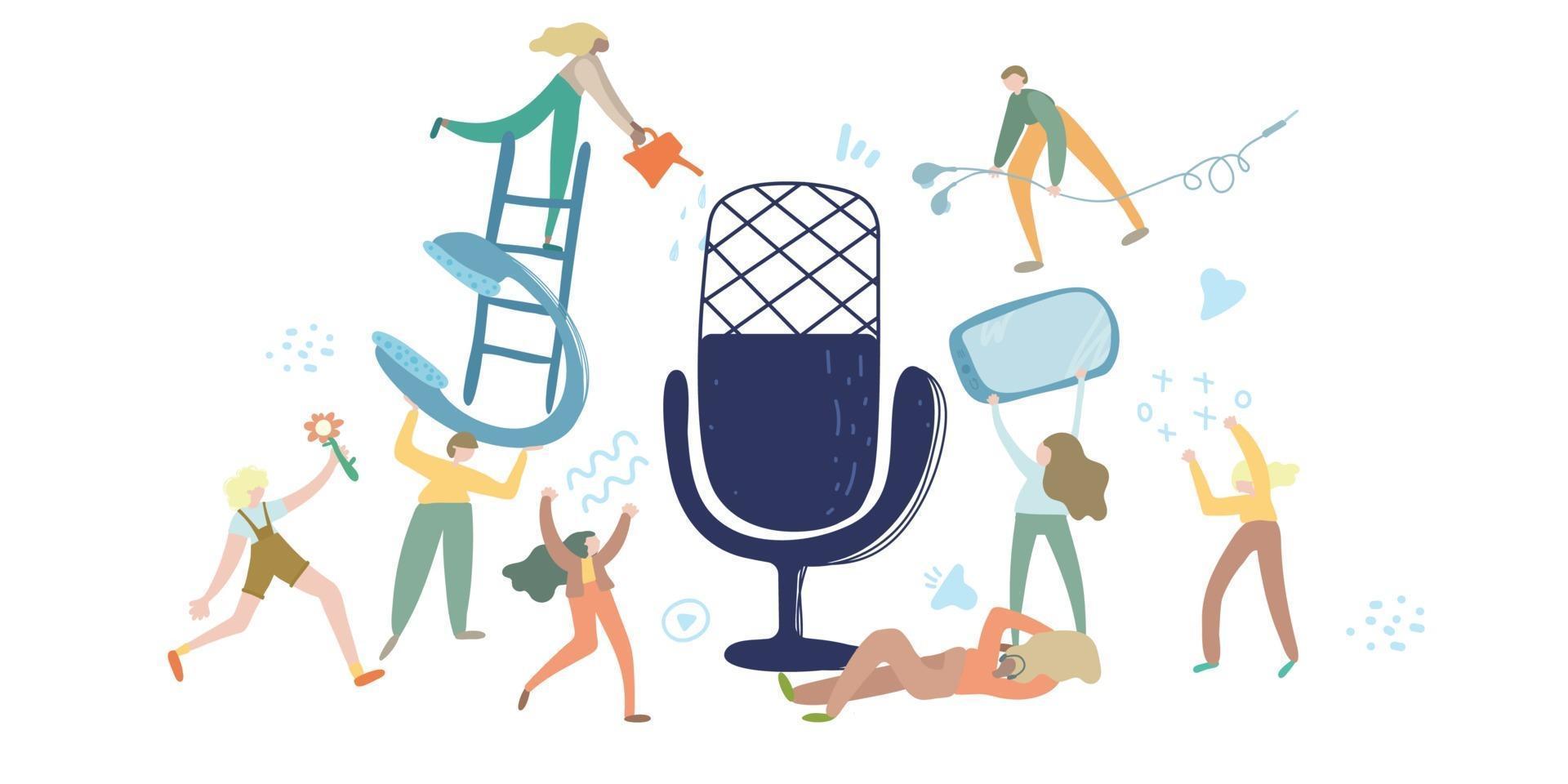 Podcast vector illustration. e-radio talk show, discussion and interview persons concept. Virtual media communication with microphone. clubhouse,audio chat concept. Influencer marketing entertainment performance business