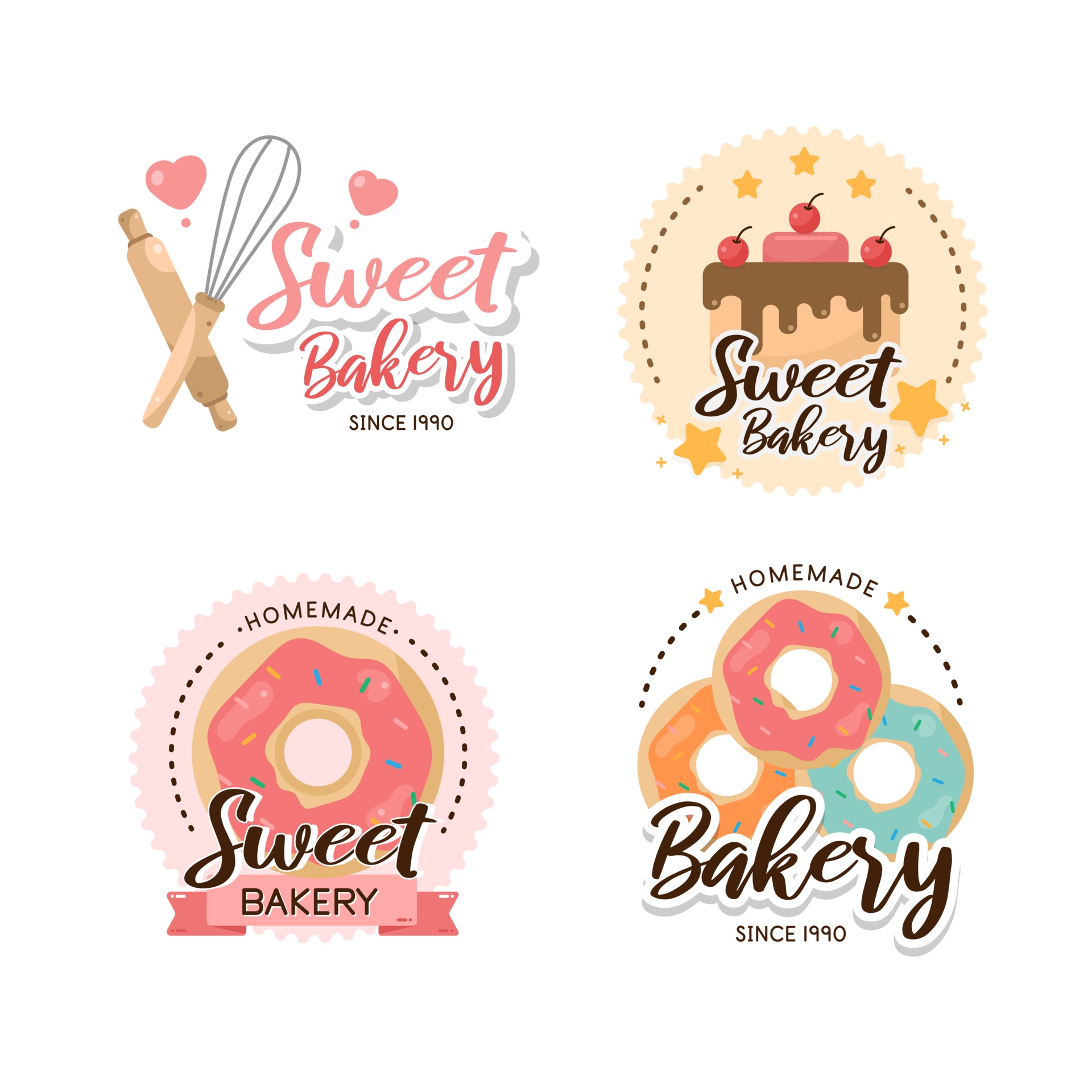 Bakery colorful flat emblems. sweet cake logo, cake shop logo 2229755