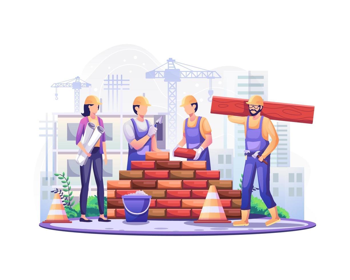 feliz Día del Trabajo. los trabajadores de la construcción están trabajando en la construcción en el día del trabajo el 1 de mayo. ilustración vectorial vector