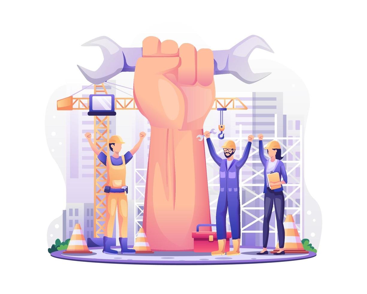 feliz Día del Trabajo. Trabajadores de la construcción con un brazo gigante levantado celebran el día del trabajo el 1 de mayo. ilustración vectorial vector