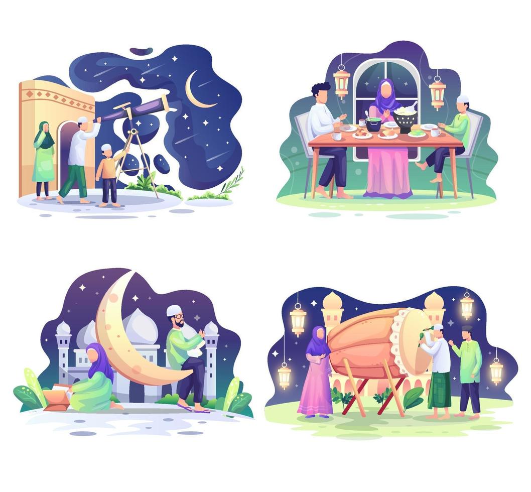 conjunto de ilustración del concepto de ramadán. la gente musulmana feliz celebra el mes sagrado de ramadán, saludo de eid mubarak. ilustración vectorial vector