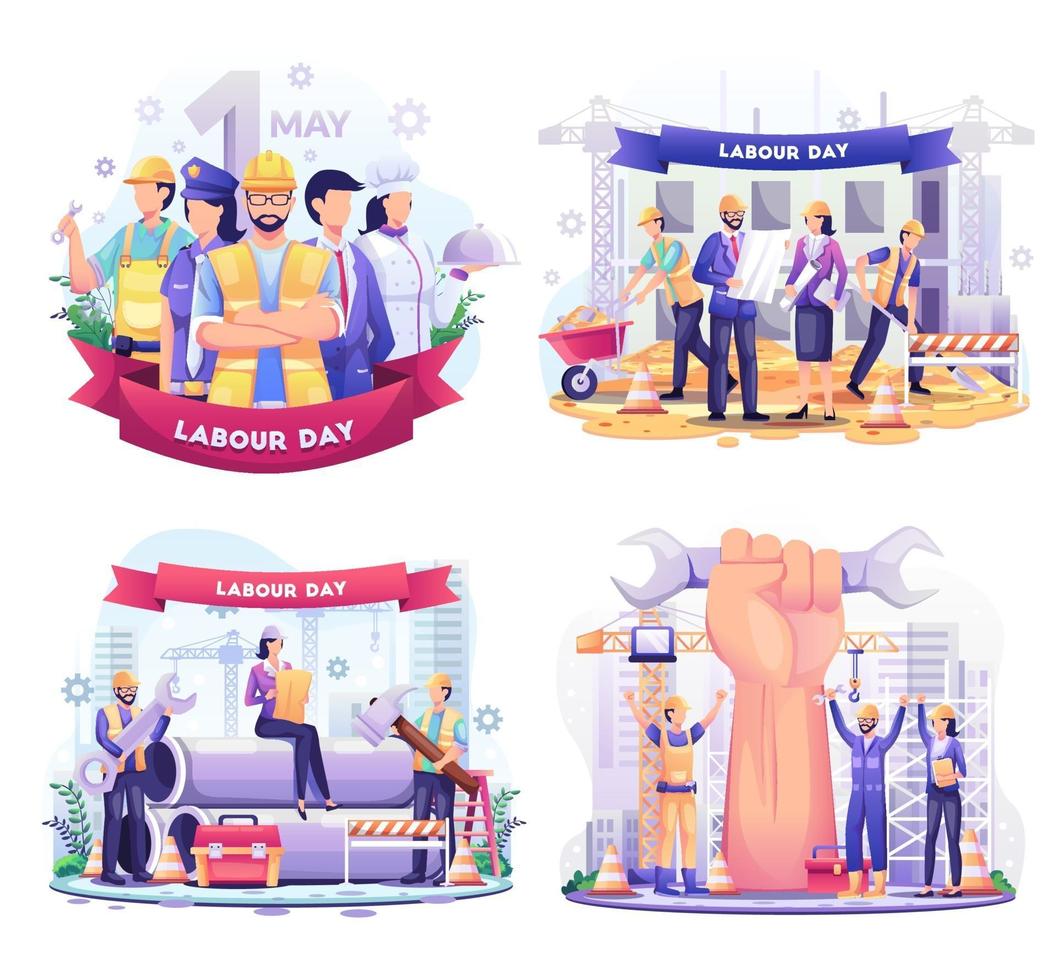 conjunto de jornada laboral. un grupo de personas de diferentes profesiones. empresario, chef, mujer policía, trabajadores de la construcción. ilustración vectorial vector