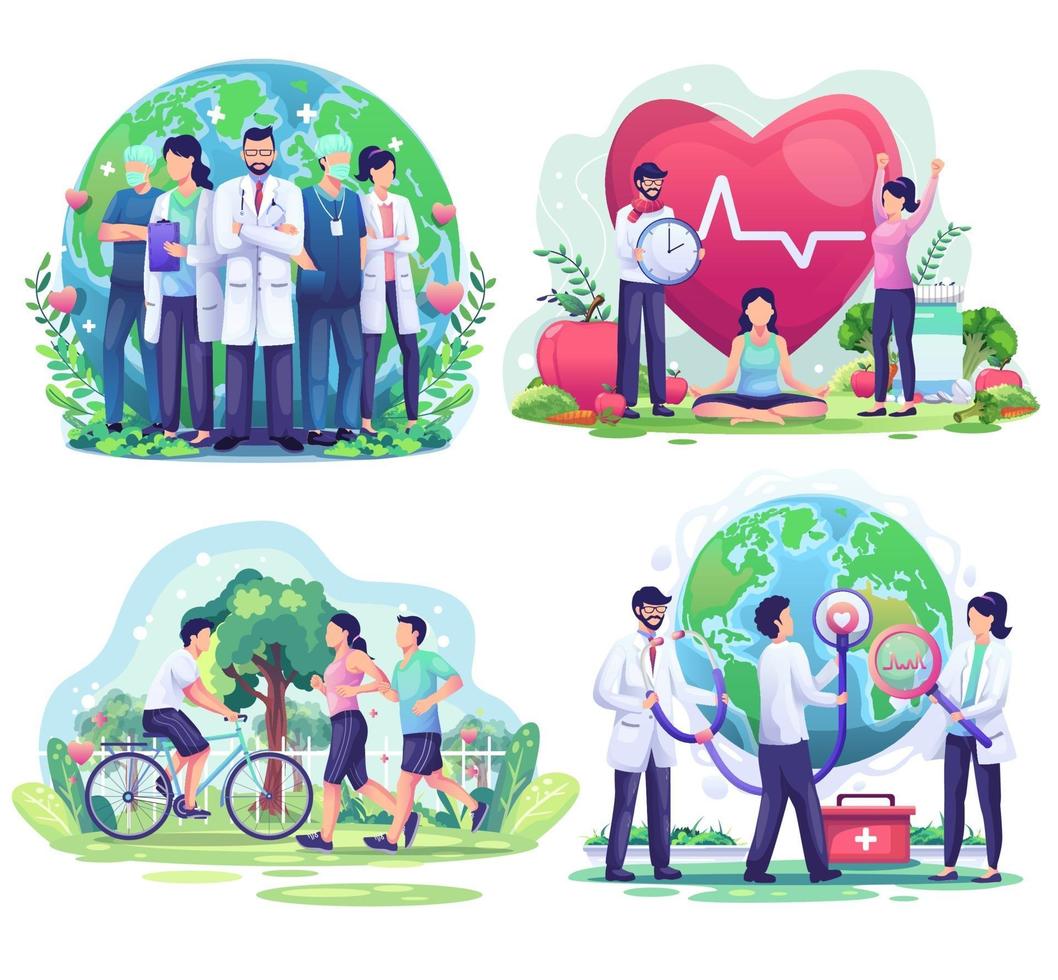 Set of World Health Day with characters doctor staff and people doing activity. vector illustration