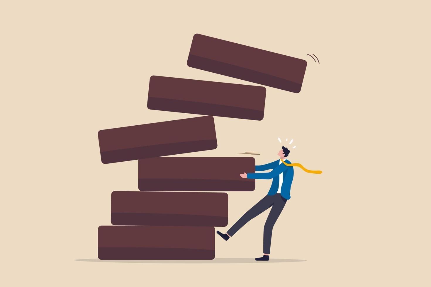 businessman pulling wooden block from collapsing stack vector