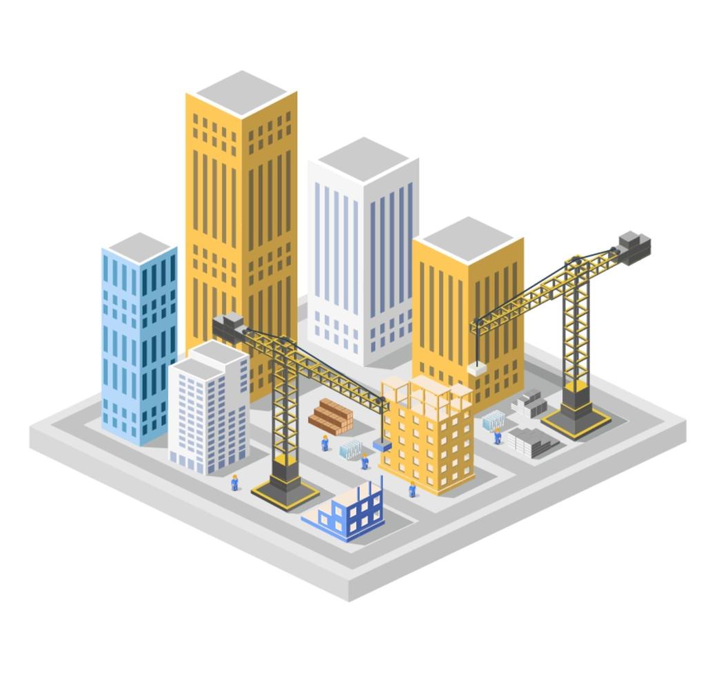 Industrial construction isometrics in the big city skyscrapers under construction, houses and buildings vector